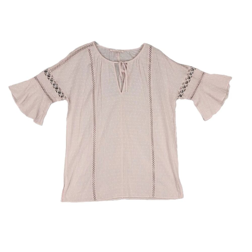 VICTORIA'S SECRET‎ Size S Sheer Pink Crochet Peasant Top, Bell Sleeve Chemise